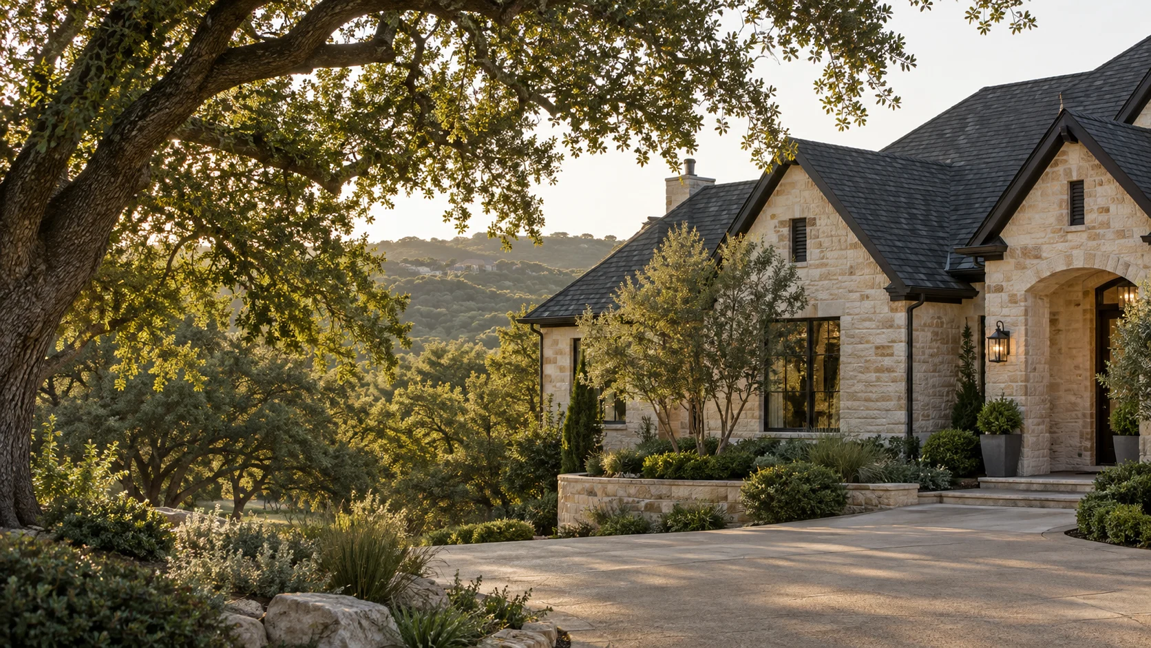 Illustrative Central Texas limestone home with a shingle roof