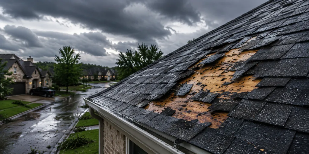 Missing and damaged shingles exposing the roof beneath them. Missing and damaged shingles exposing the roof beneath them.