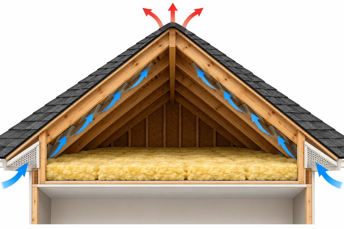 Conceptual attic cutaway showing soffit intake and ridge exhaust airflow