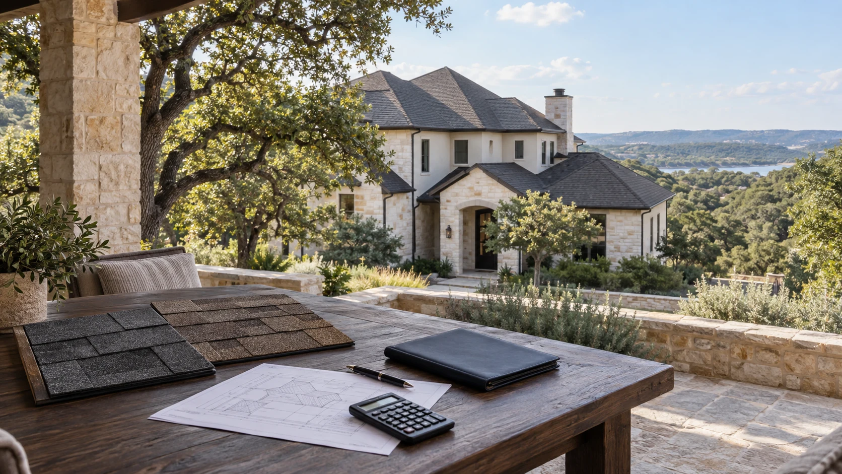 Roof material samples and planning documents on a patio overlooking a Texas home