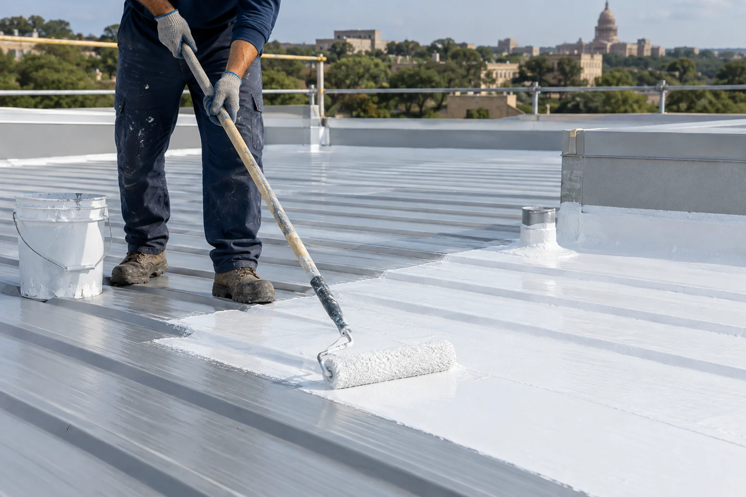 Worker rolling a protective coating onto a prepared metal roof — illustration