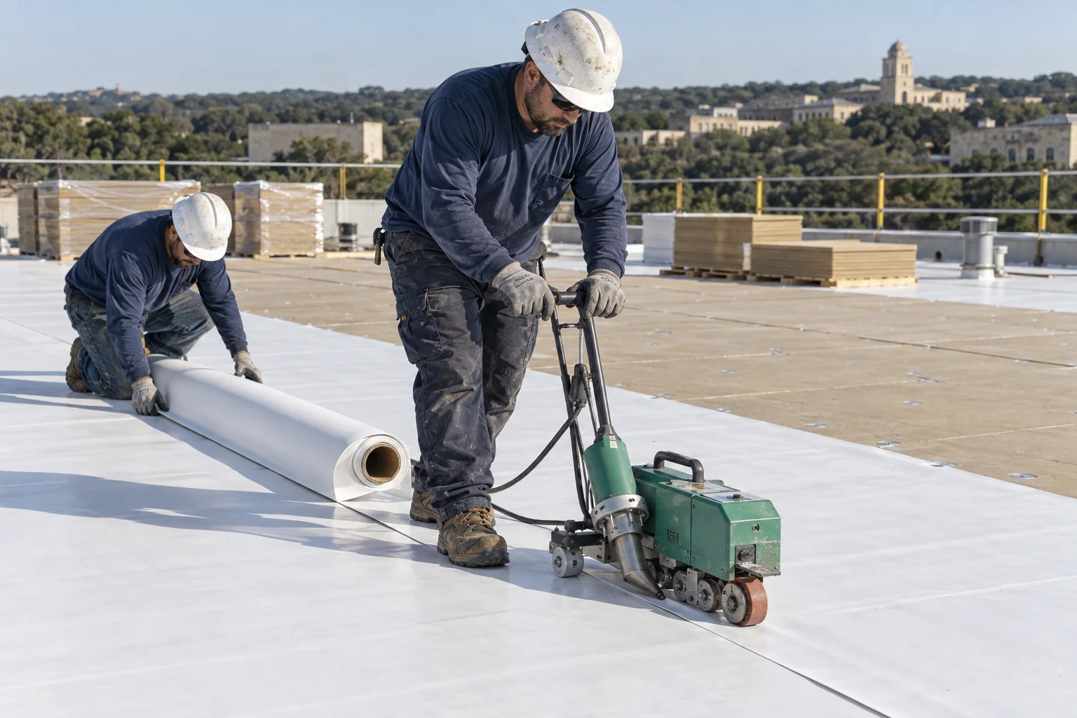 Commercial roofing installers aligning and welding TPO membrane seams — illustration