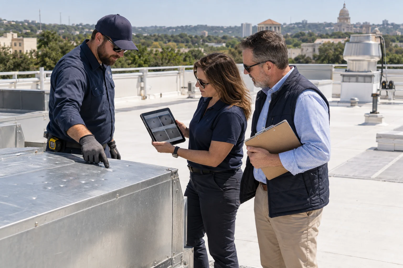 Roofing professionals reviewing inspection findings with a property representative — illustration