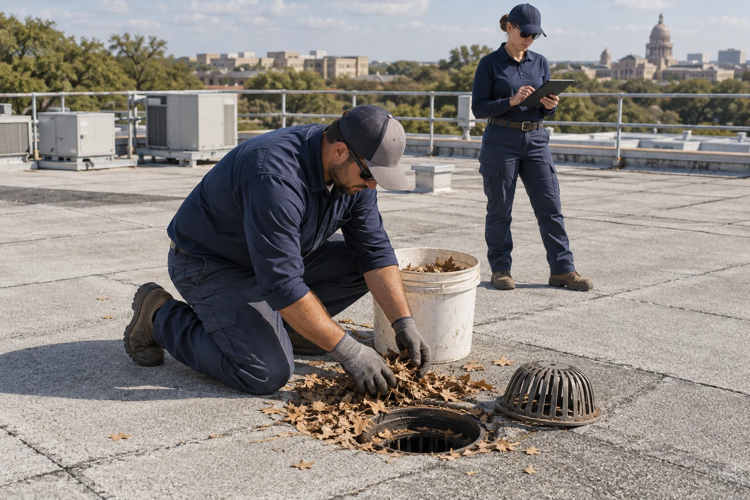Illustrative crew inspecting commercial roof drainage