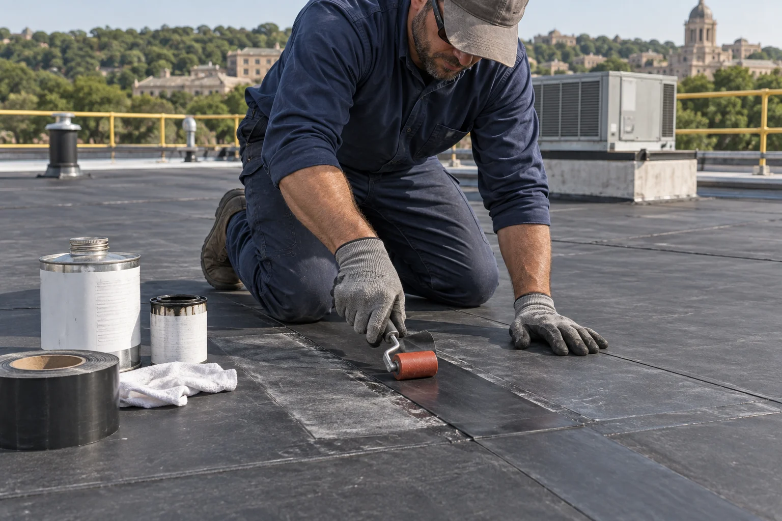 Roofer pressing a compatible seam repair onto an EPDM membrane — illustration
