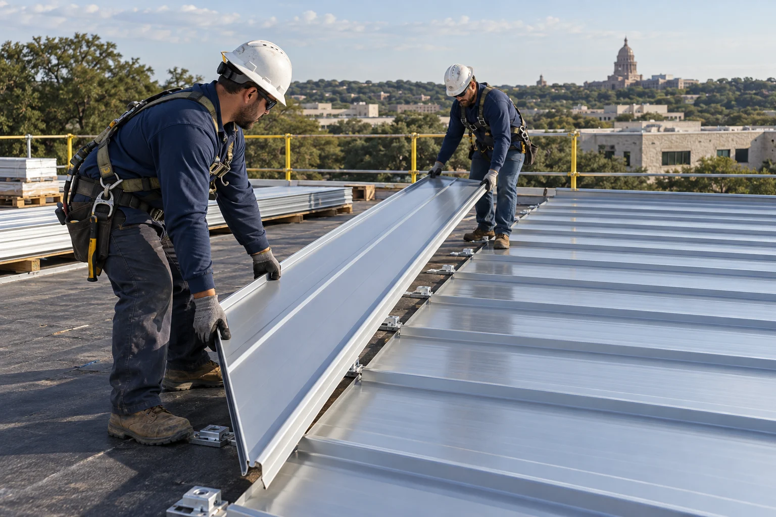 Roofing crew positioning replacement standing-seam metal panels — illustration