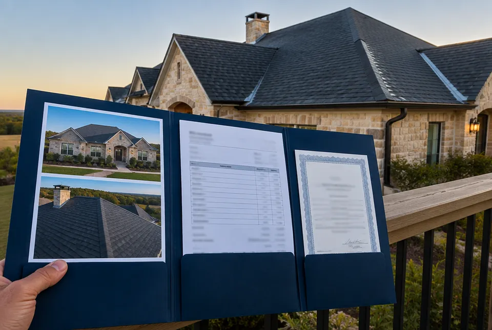 Folder of completion photographs and invoice in front of a finished roof