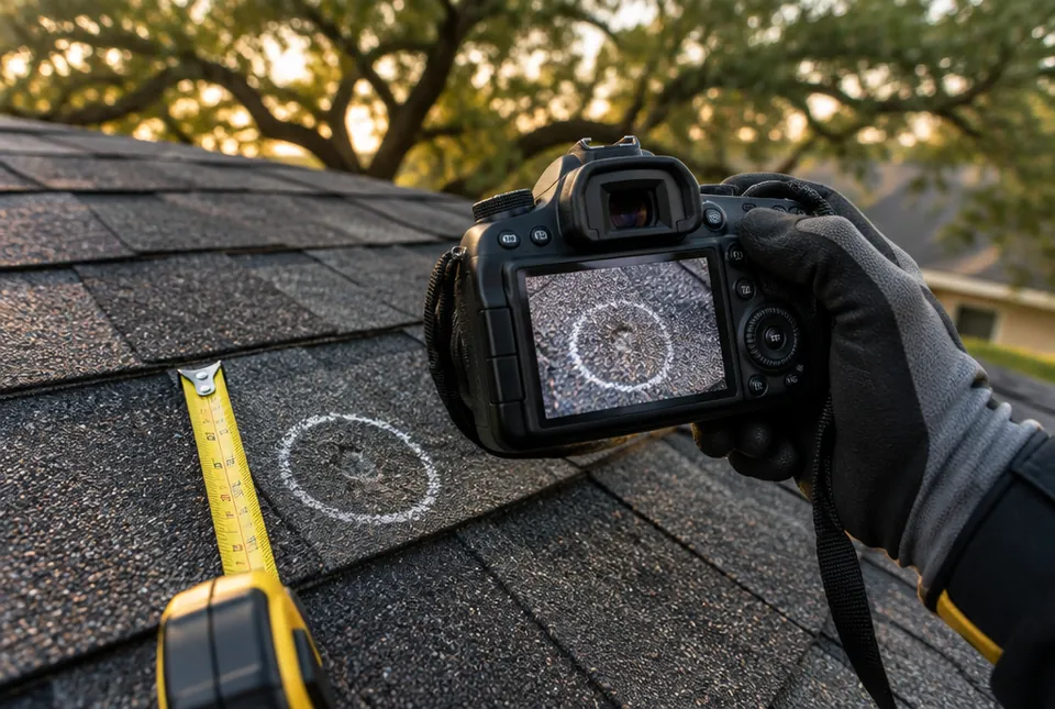 Close-up of a chalk-circled hail impact on a shingle beside a tape measure