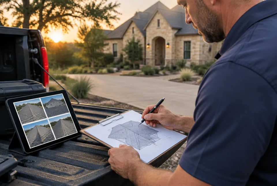 Roofer annotating a roof diagram on a clipboard at a truck tailgate