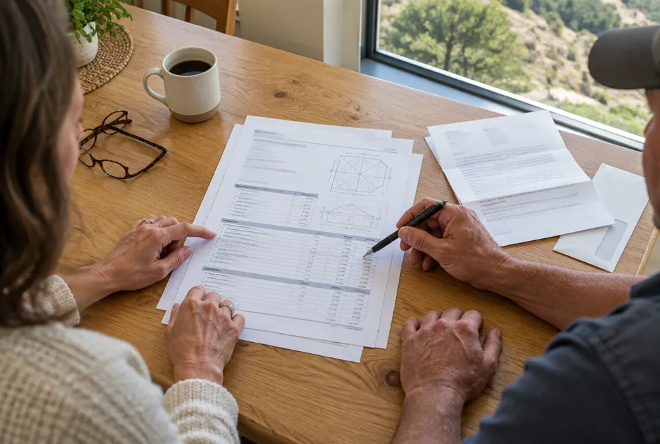 Itemized roofing estimate reviewed at a kitchen table