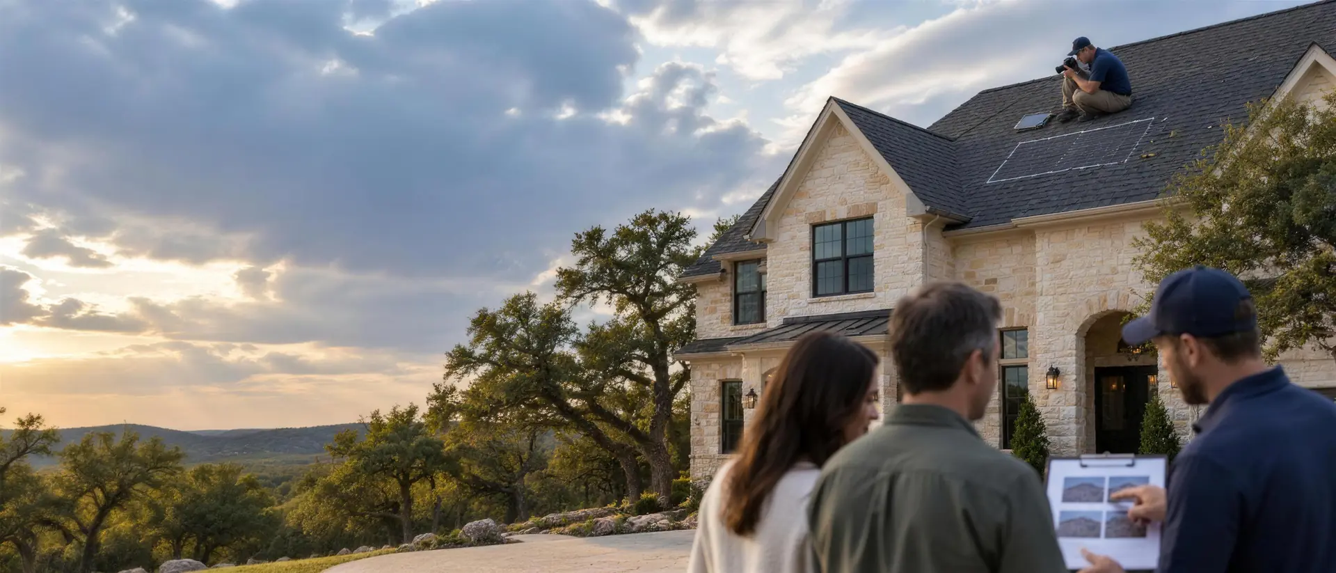Central Texas limestone home at dusk: a roofing inspector photographs a chalk-marked test square on the roof while a homeowner couple reviews the written estimate below
