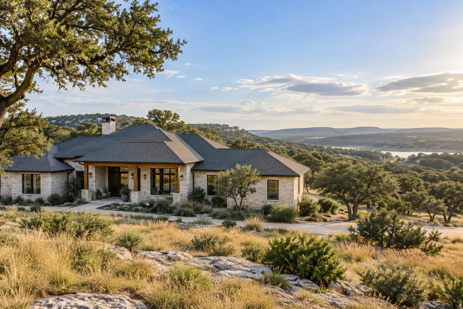 Illustrative single-story limestone ranch home with a charcoal roof, native grasses and rolling Central Texas hills