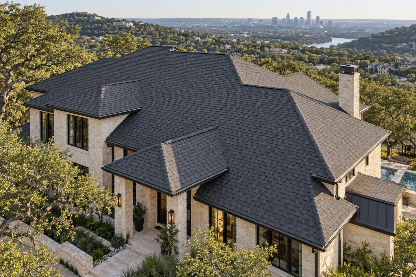A Austin-inspired home, showing the roof and regional setting A Austin-inspired home, showing the roof and regional setting