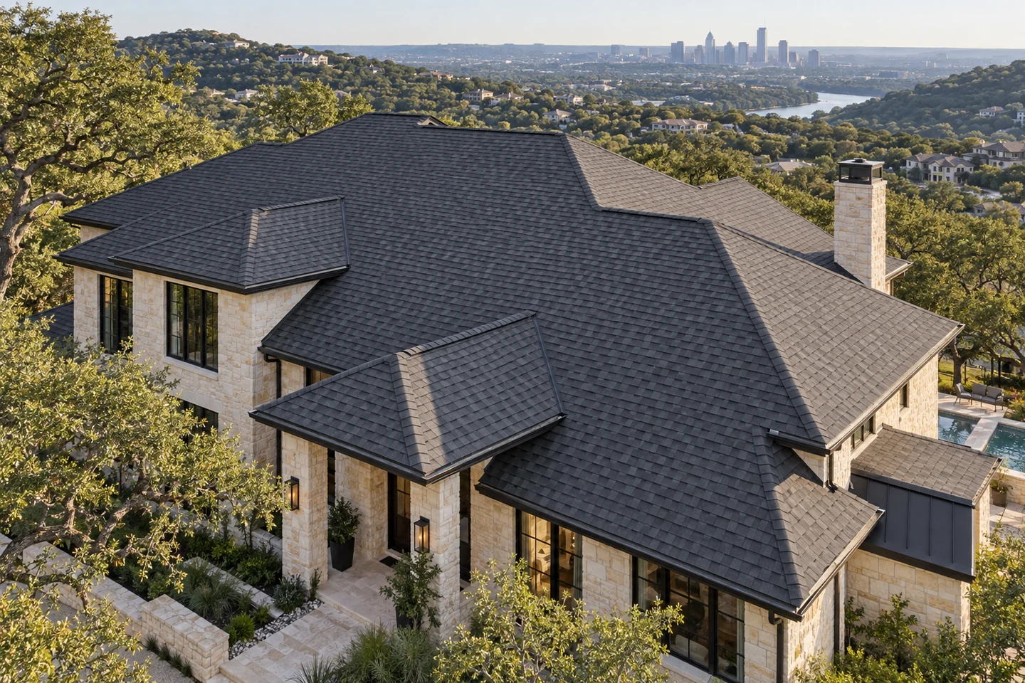 A Austin-inspired home, showing the roof and regional setting