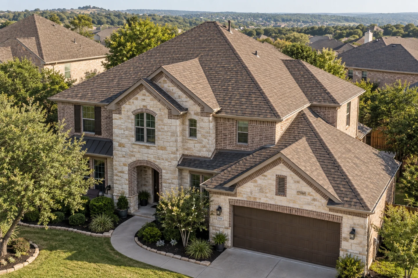 A Avery Ranch-inspired home, showing the roof and regional setting