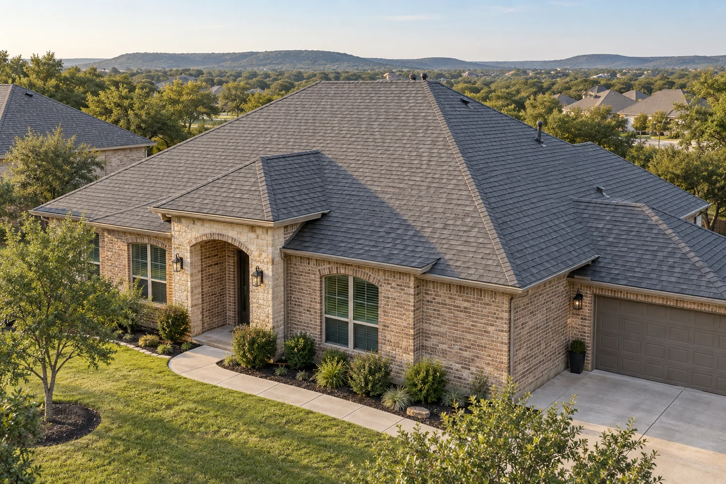 Generated architectural illustration of a Cedar Park-inspired home, showing the roof and regional setting