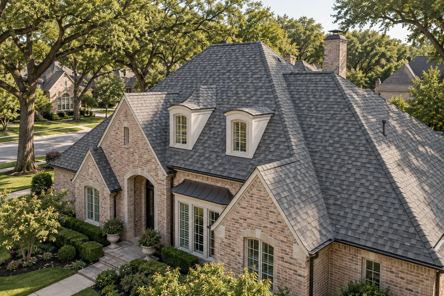 Generated architectural illustration of a Dallas-inspired home, showing the roof and regional setting