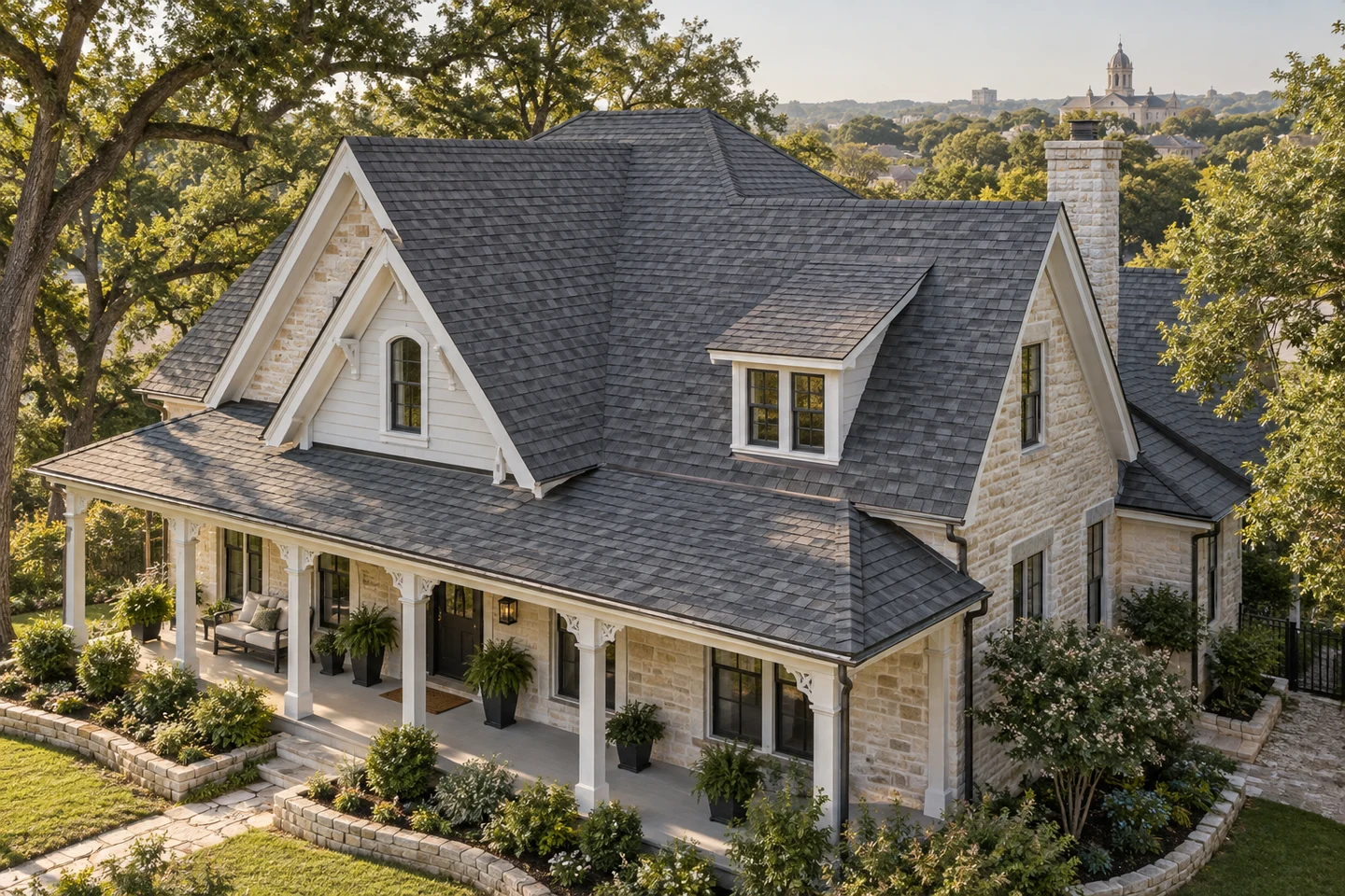 Generated architectural illustration of a Georgetown-inspired home, showing the roof and regional setting