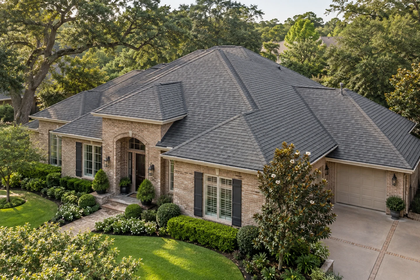 Generated architectural illustration of a Houston-inspired home, showing the roof and regional setting
