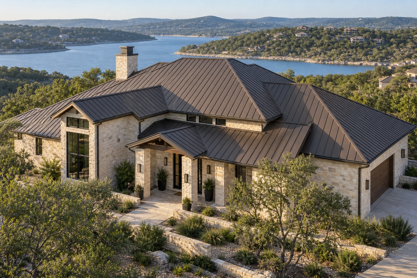 Generated architectural illustration of a Lakeway-inspired home, showing the roof and regional setting
