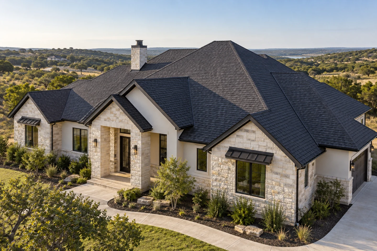 Generated architectural illustration of a Leander-inspired home, showing the roof and regional setting