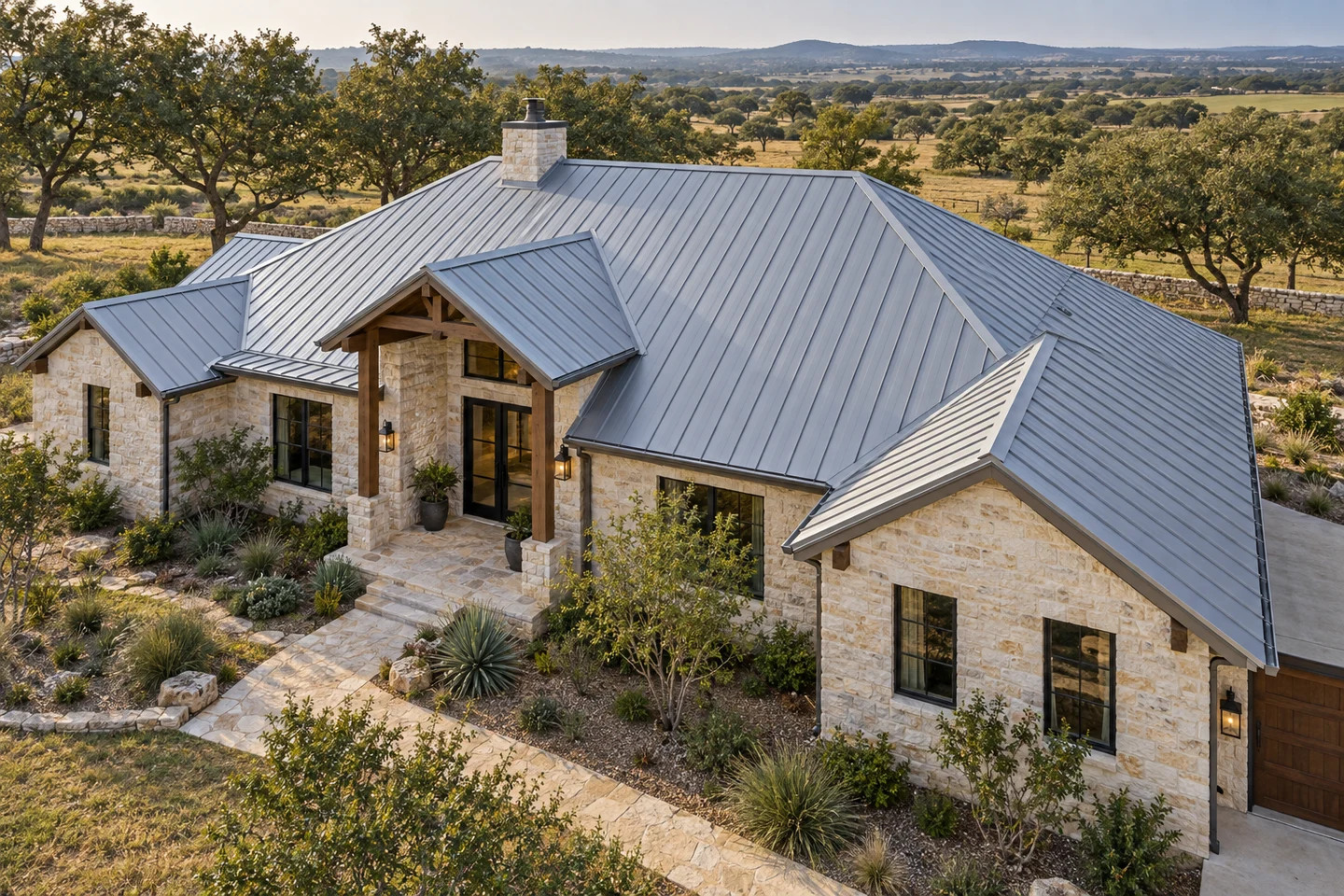 Generated architectural illustration of a Liberty Hill-inspired home, showing the roof and regional setting