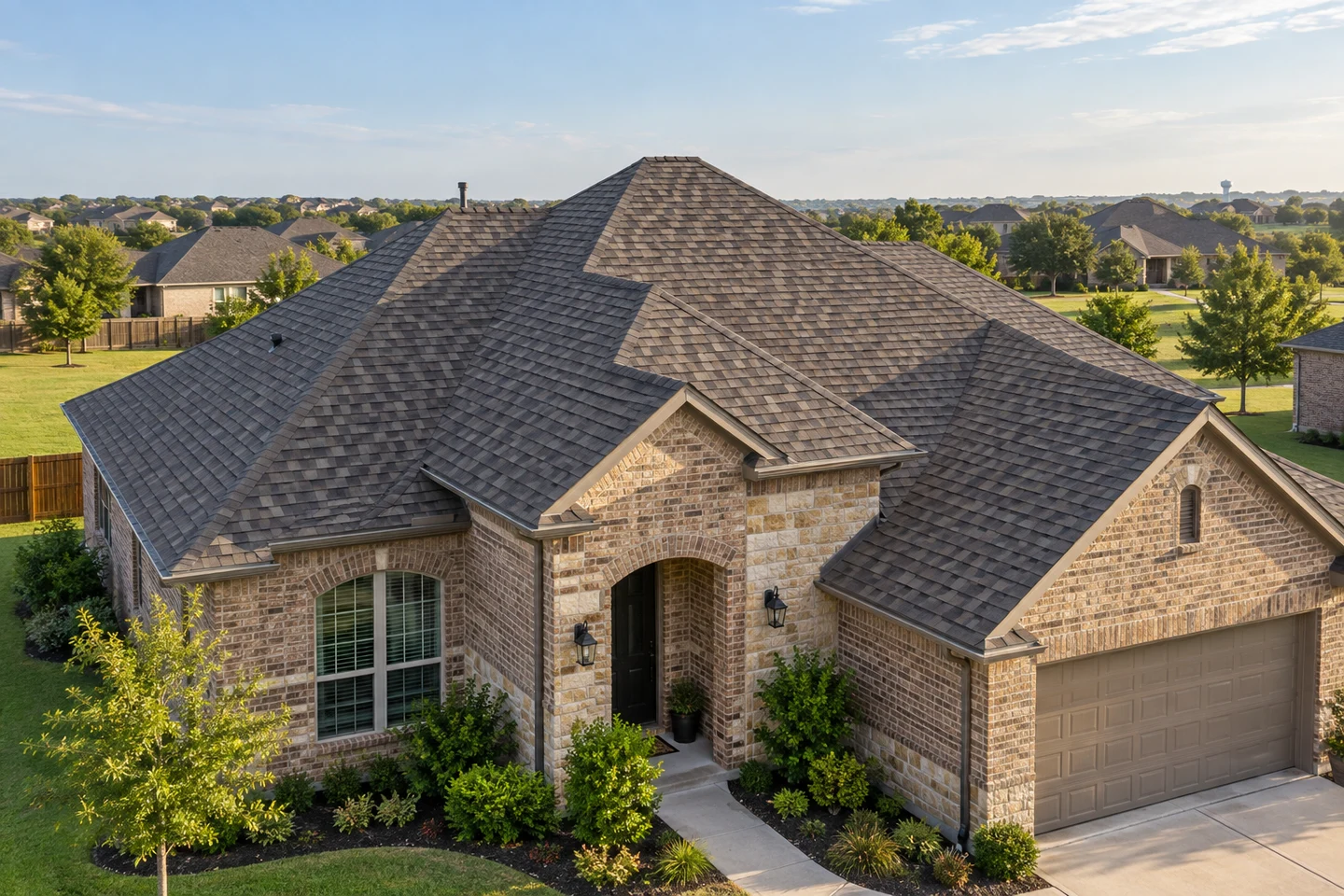Generated architectural illustration of a Pflugerville-inspired home, showing the roof and regional setting