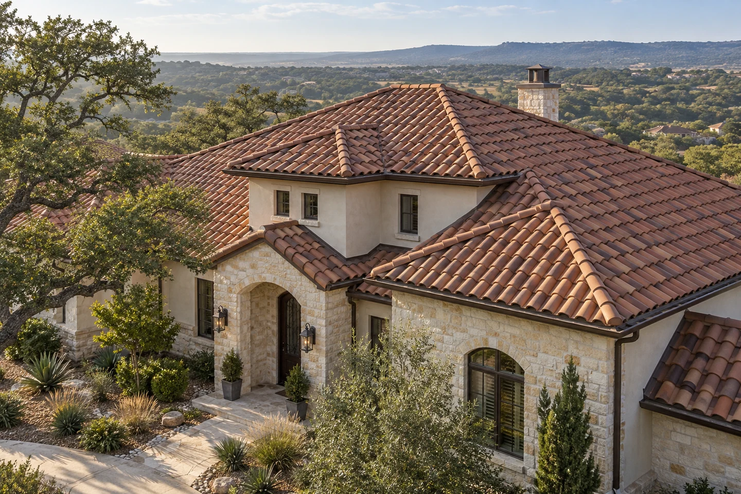 Generated architectural illustration of a San Antonio-inspired home, showing the roof and regional setting