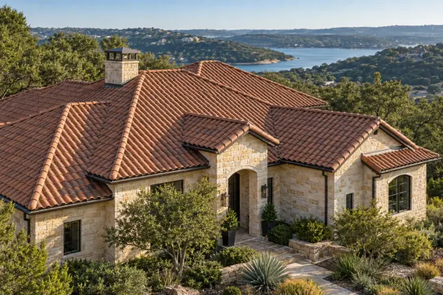 Steiner Ranch-inspired home with the roof visible