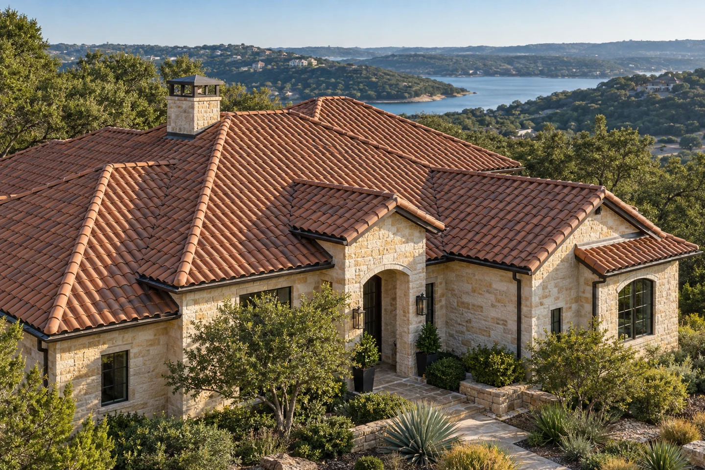 Generated architectural illustration of a Steiner Ranch-inspired home, showing the roof and regional setting
