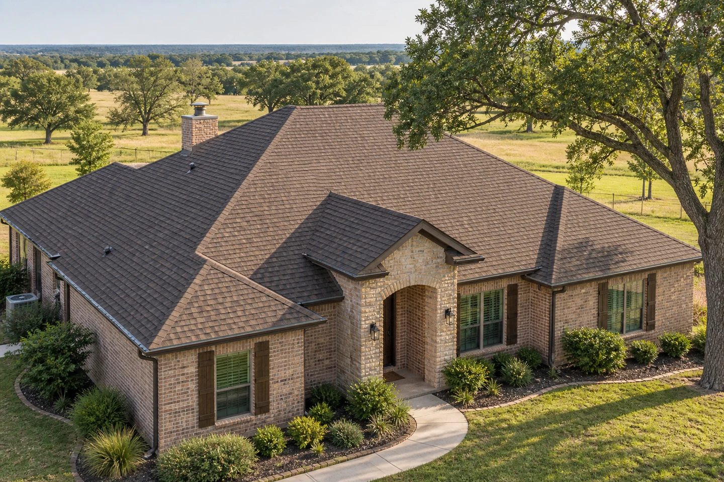 Generated architectural illustration of a Waco-inspired home, showing the roof and regional setting