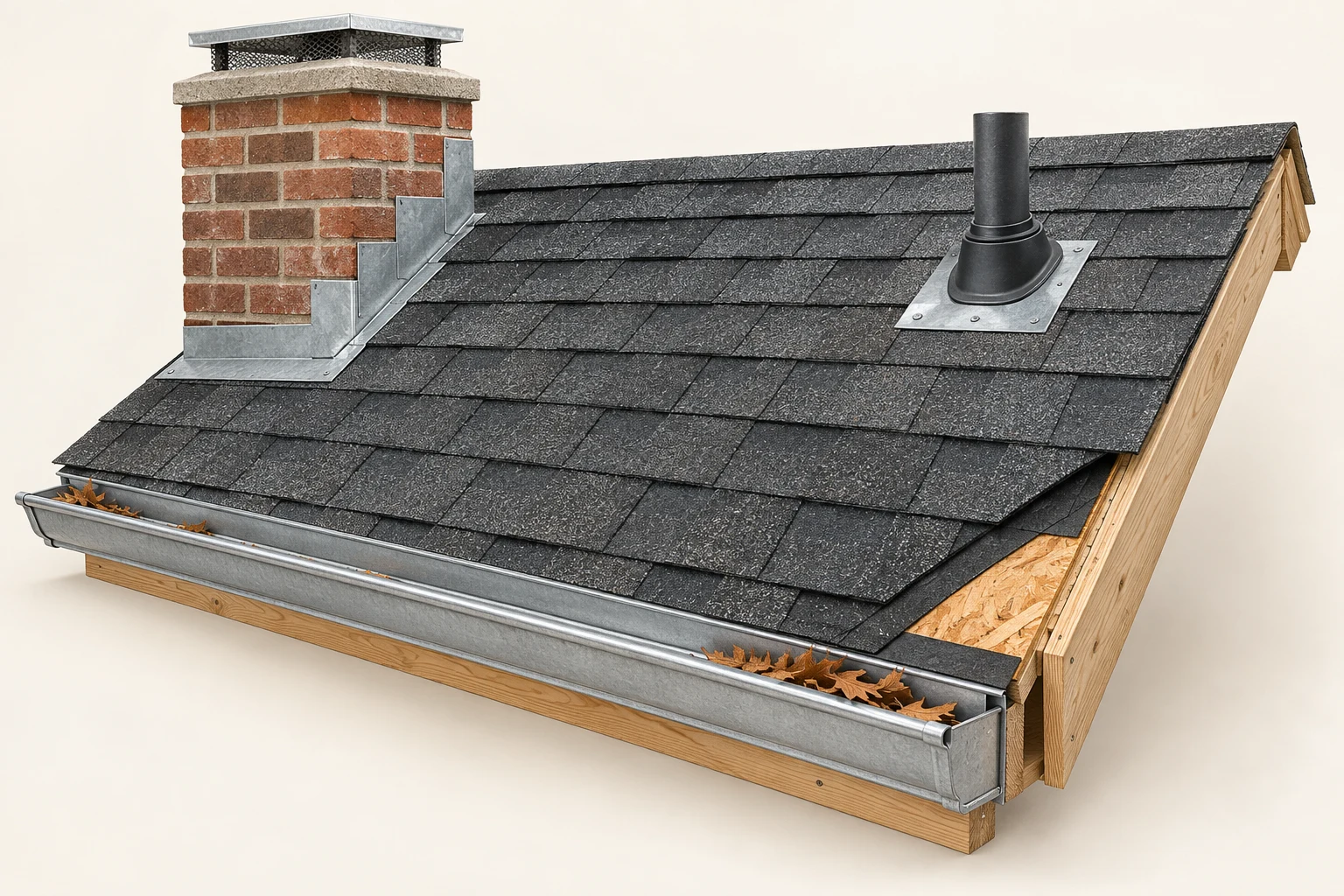 Detailed educational roof maintenance illustration with shingles, flashing, pipe boot and gutter