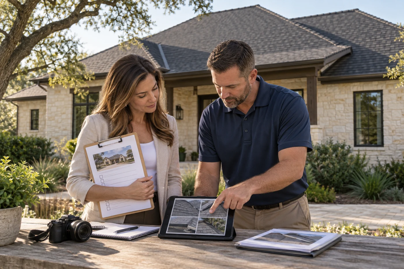 Illustrative agent and roofing specialist reviewing roof records before listing a home