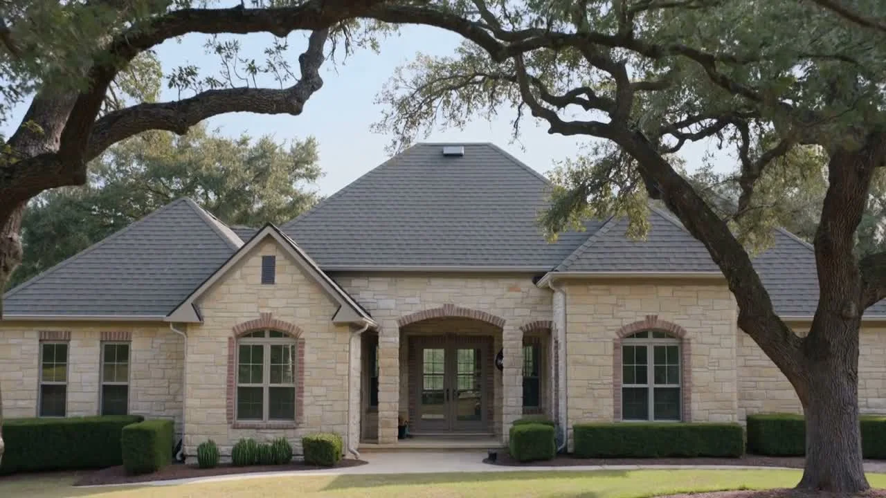 Illustrative limestone home with a shingle roof and mature Texas oaks