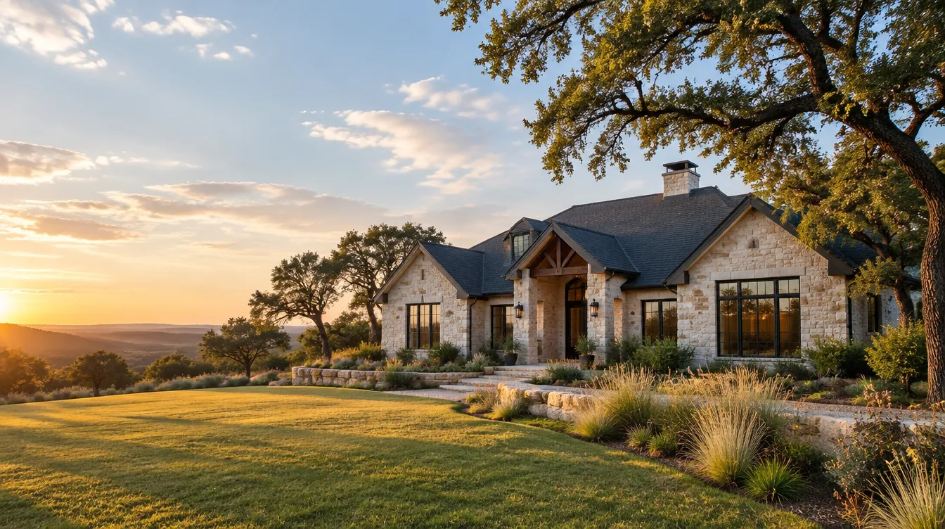 Illustrative Central Texas limestone home with a charcoal shingle roof at golden hour