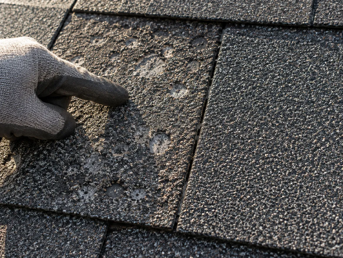 Gloved hand pointing at a hail-bruised shingle beside an intact shingle