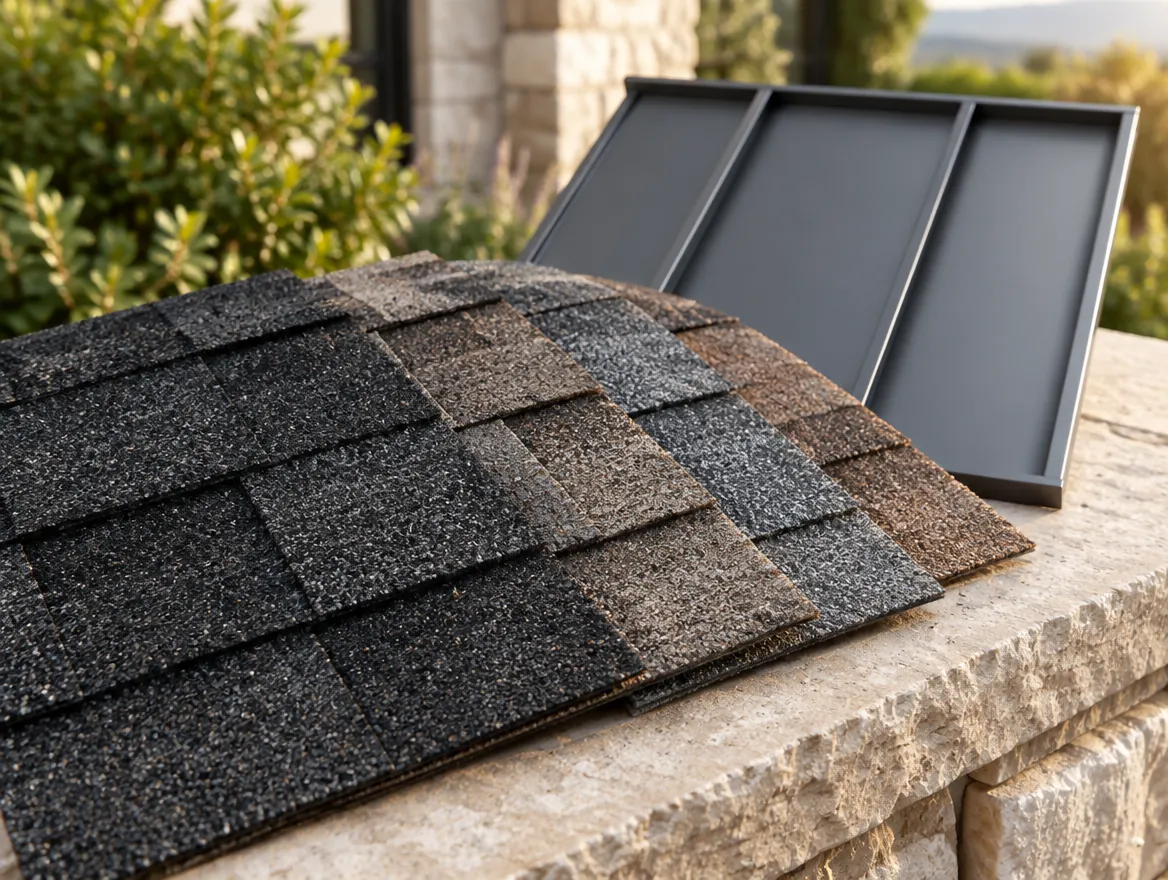 Fanned architectural shingle samples in charcoal, weathered wood and driftwood beside a standing-seam metal panel