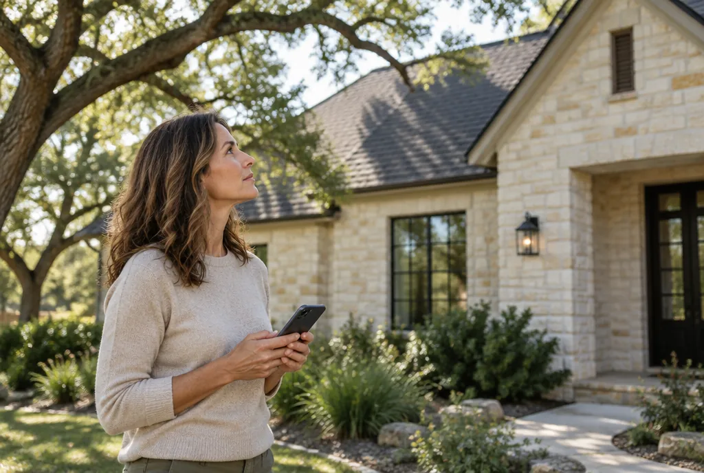 A homeowner in her front yard looking up at the charcoal shingle roof of a limestone Central Texas home