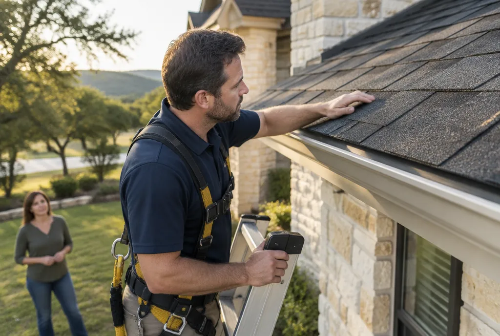 Roofing inspector in a safety harness examining shingles at the eave of a limestone home while a homeowner watches