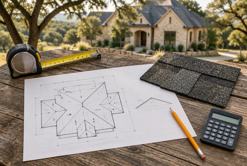 Hand-drawn roof plan on a wood table with a tape measure, a charcoal shingle sample and a calculator