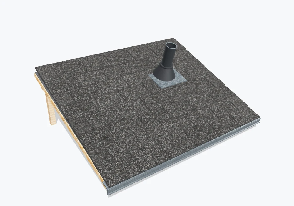Roof assembly with shingle covering, pipe flashing and wood support
