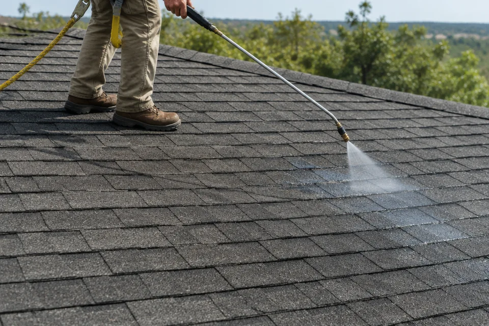 Gentle spray treatment applied to asphalt roof shingles
