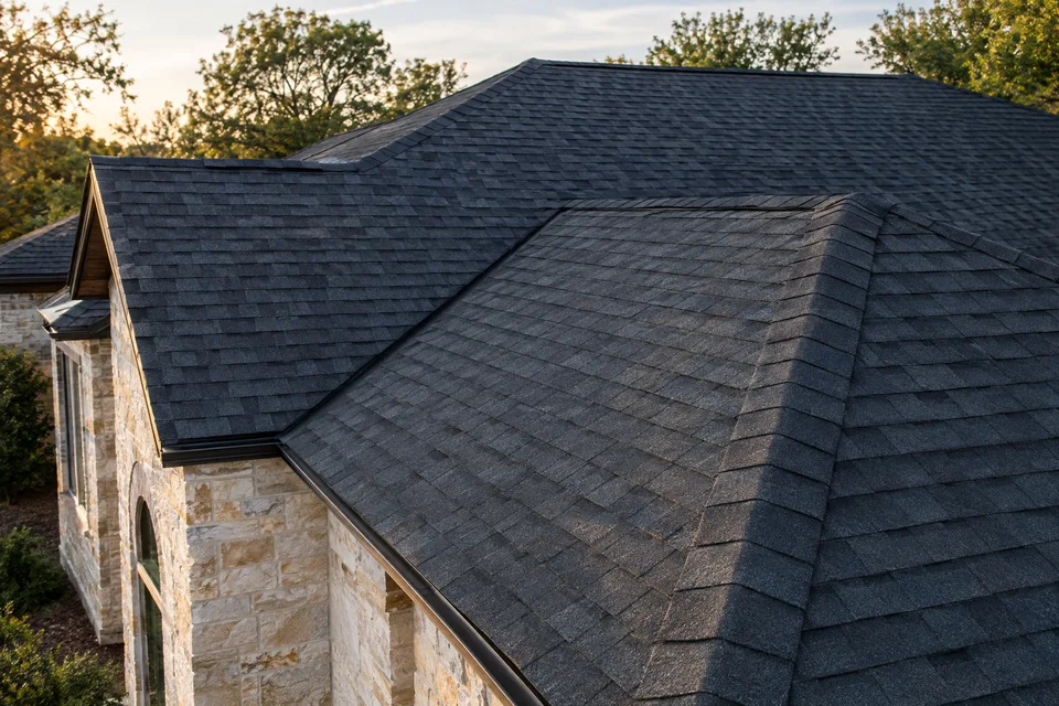 Charcoal architectural shingle roof on a limestone home