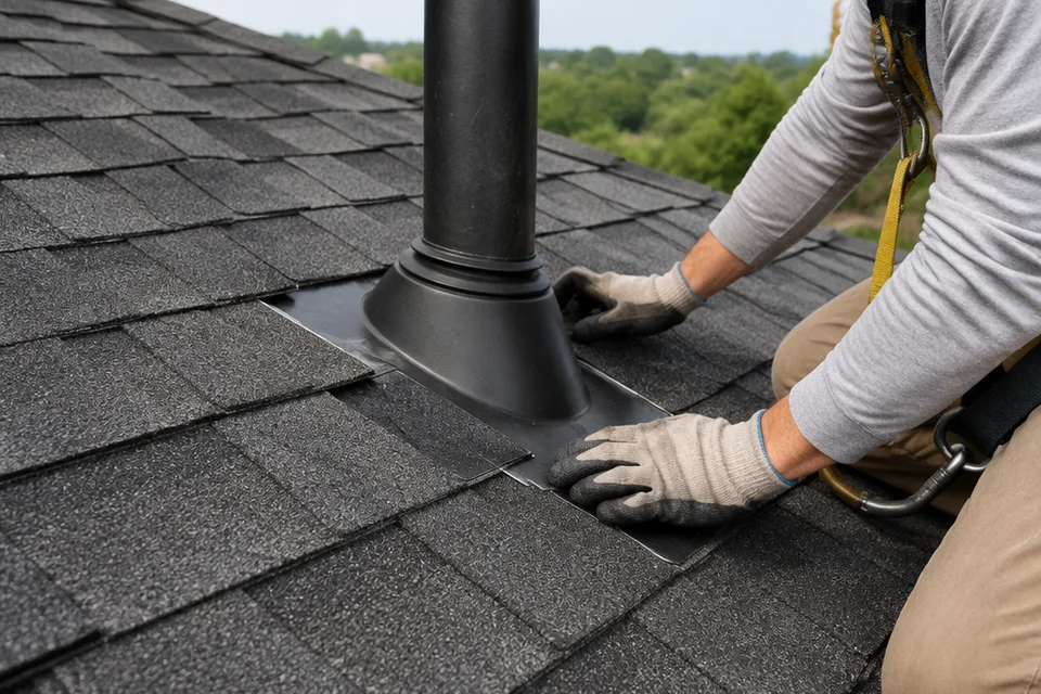 Gloved hands inspecting roof vent flashing