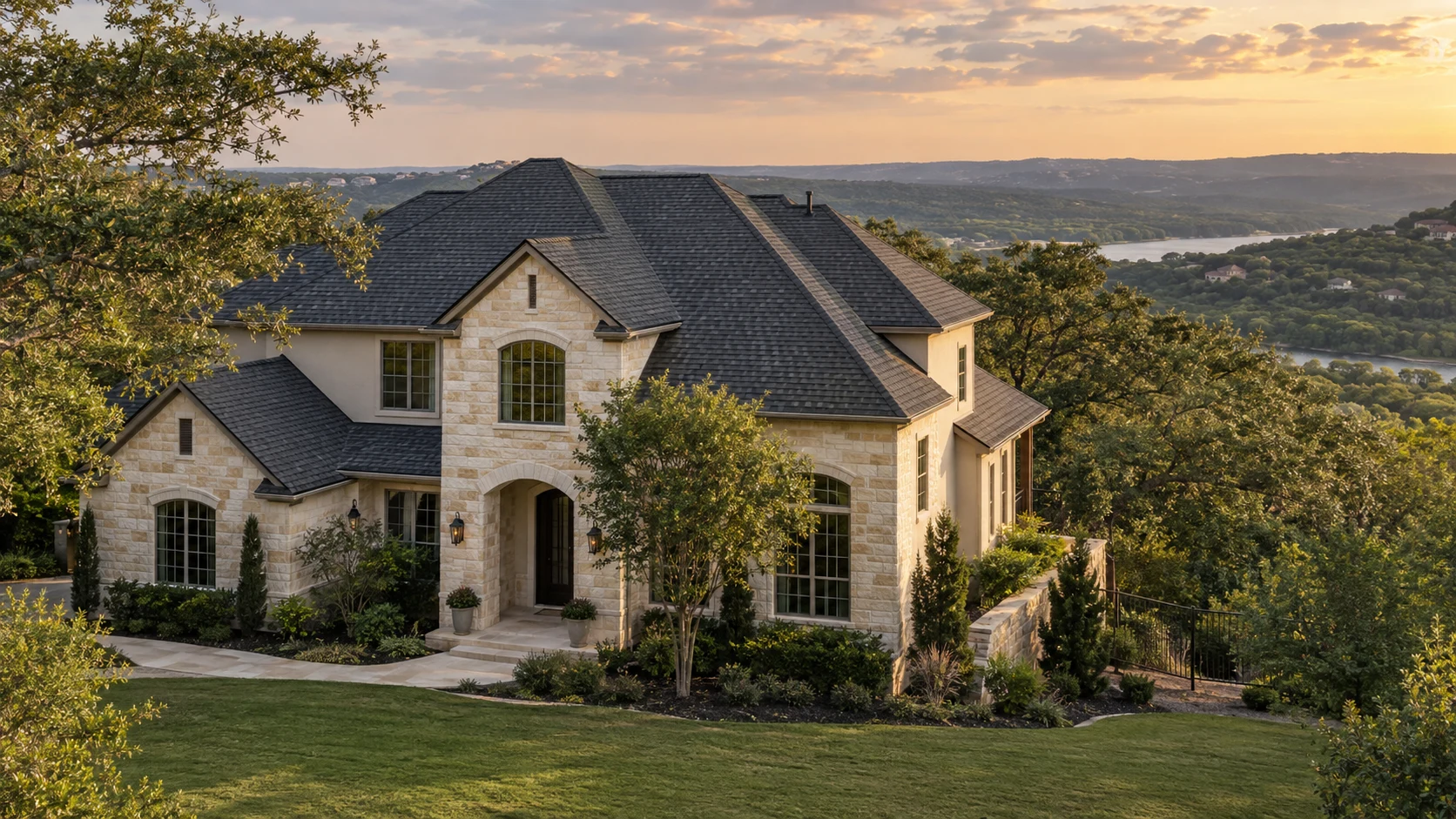 Illustrative Central Texas limestone home with an architectural shingle roof