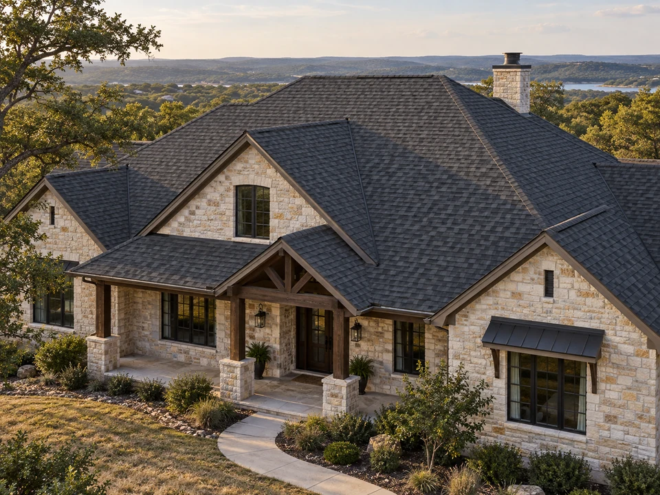 Illustrative Central Texas limestone home with a charcoal shingle roof