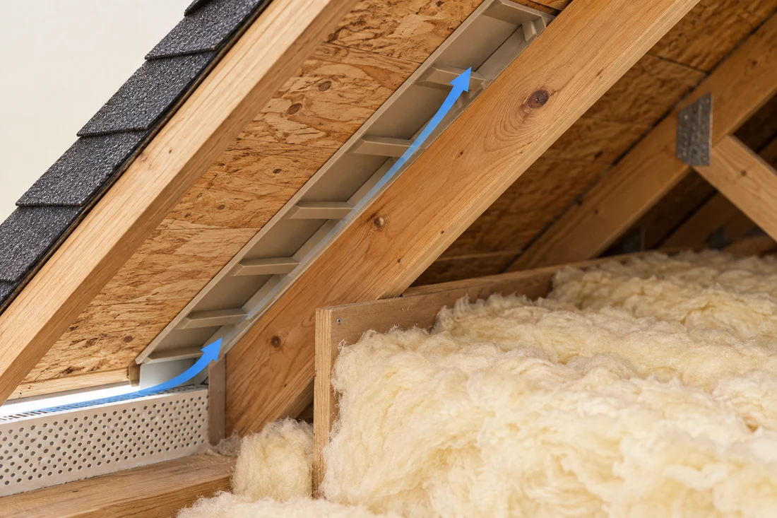 Sectional illustration of a ventilation baffle keeping insulation clear of the roof-deck air passage