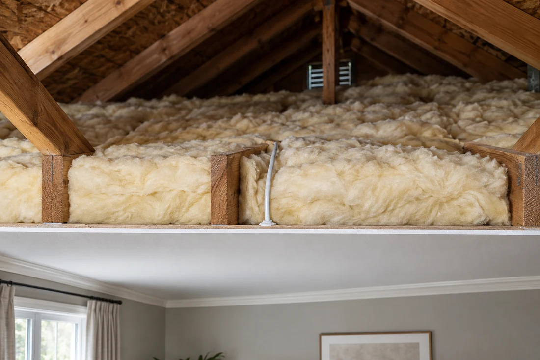 Sectional illustration of attic floor insulation above a continuous drywall ceiling
