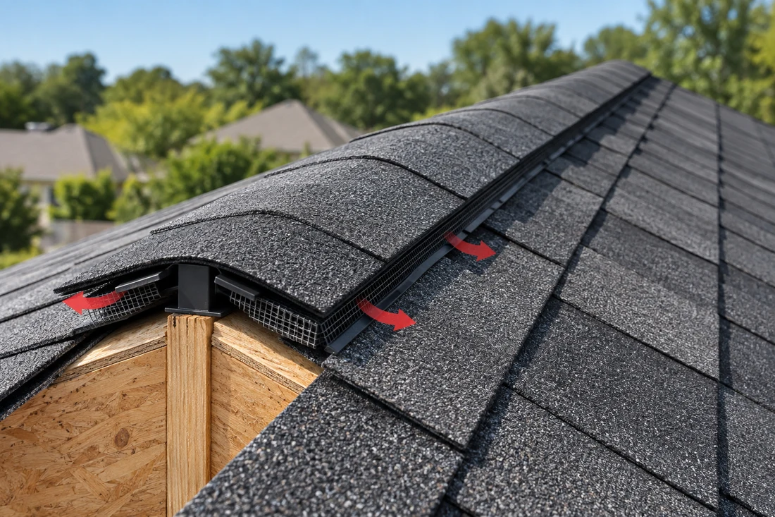 Illustrative shingle-over ridge vent with side exhaust openings