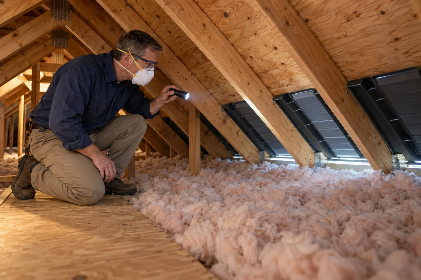 Illustrative attic inspection: inspector checks ventilation baffles and insulation clearance at the eaves
